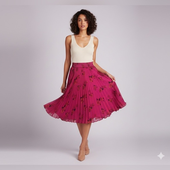 Dresses & Skirts - Large Banana Republic Floral Satin Pleated Midi Skirt Size Hot Pink, Flowy